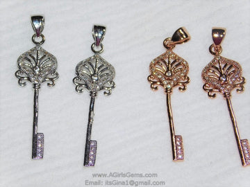 CZ Rose Gold Cubic Zirconia Paved Key Bead Key Pendant Link Key Charm Dangle Pendant - A Girls Gems
